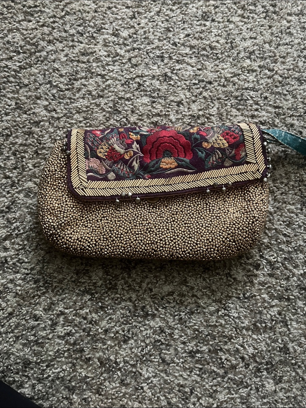 Beaded Gold Evening Clutch with Red Floral Embroidered Flap